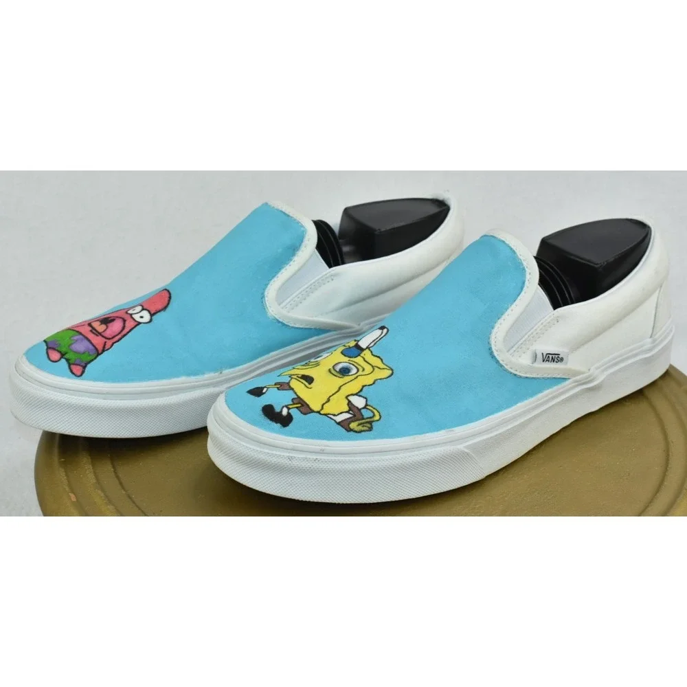 Vans Men Shoes Size 8.5 Custom White Painted Rare SpongeBob & Patrick Slip On